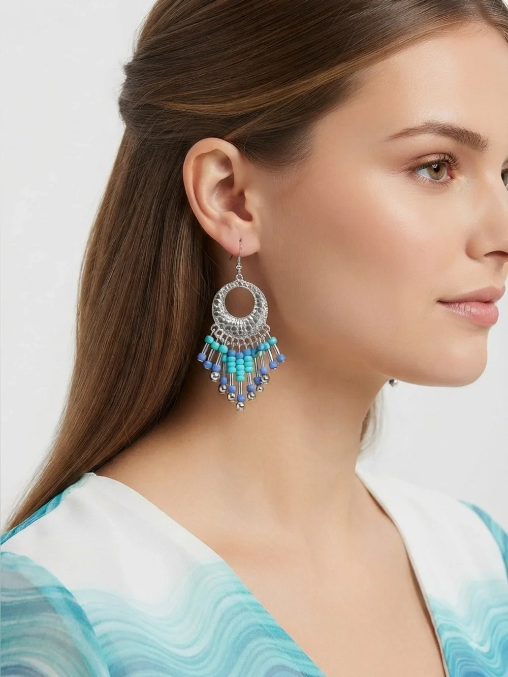 Boho Beaded Chandelier Earrings | Blue Teal Tassel Silver Drop